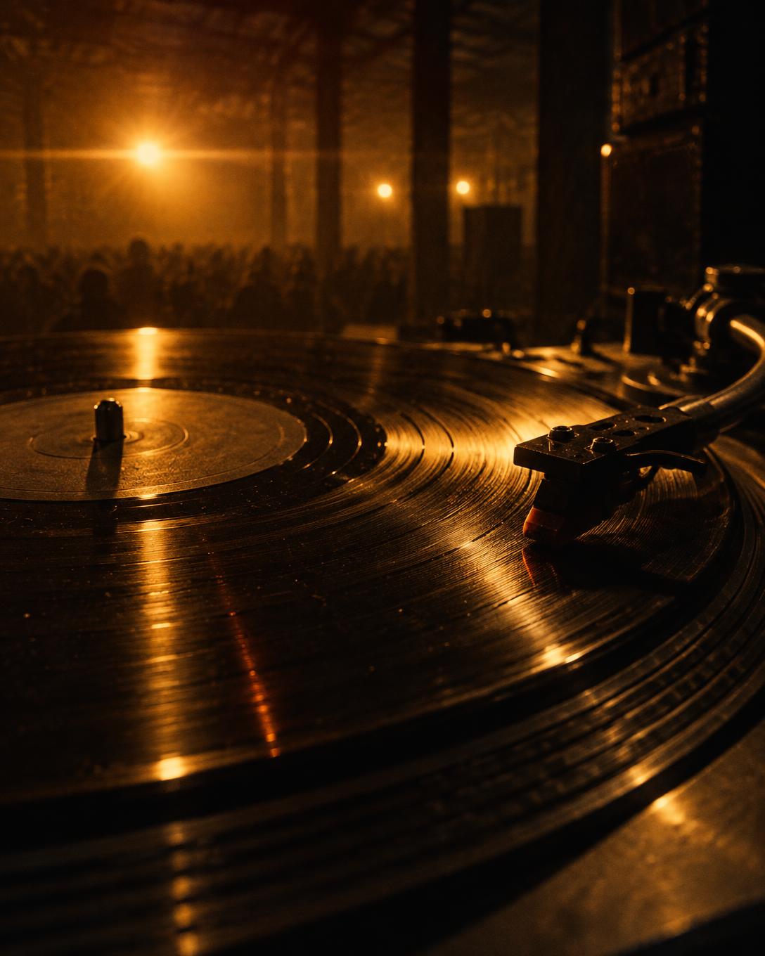 Disco de vinil a girar no prato, iluminado a dourado